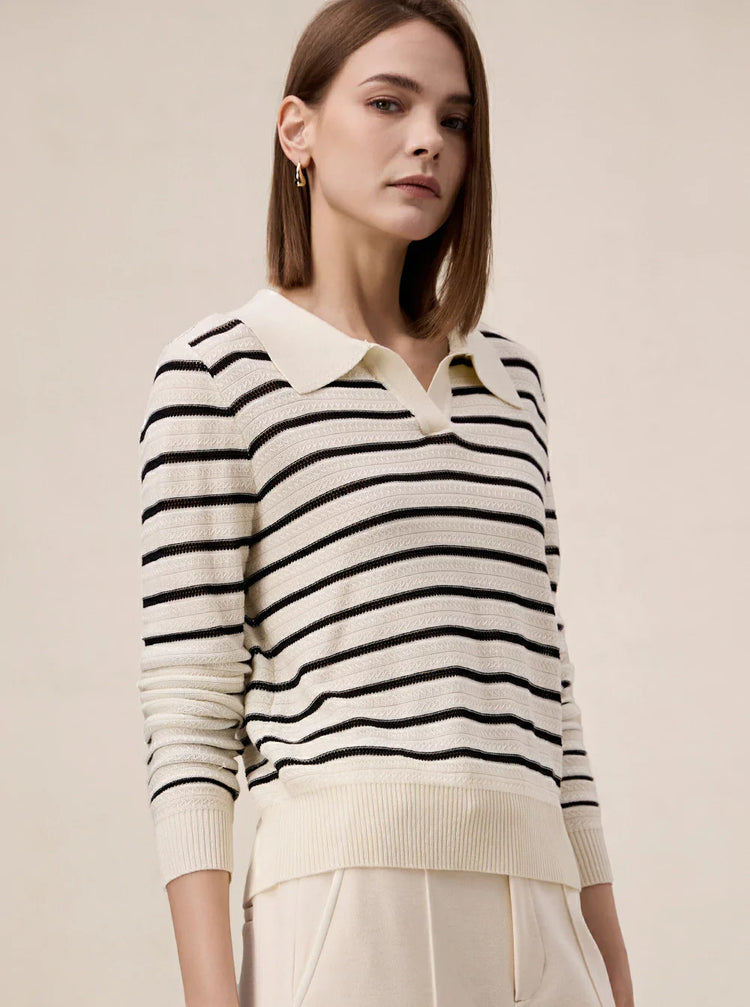 Discover Comfort and Style with Amoretu's 100% Lyocell Polo Collar Striped Sweater