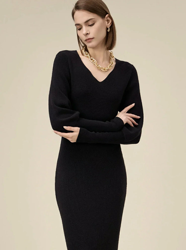 Embrace Elegance with Our Women's Wool V-Neck Knitted Dress