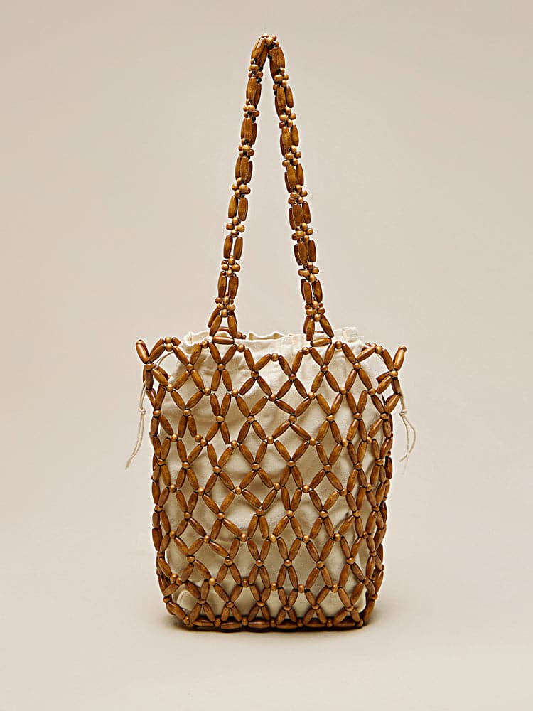 Retro Wood Bead Woven Hollow Out Handbag