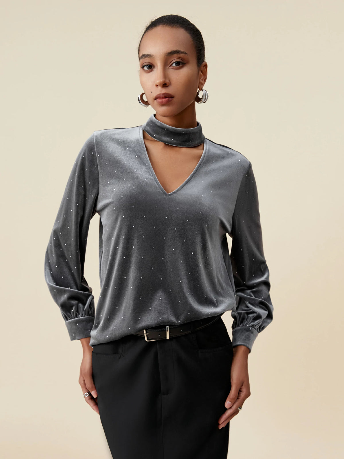 Amoretu Velvet V-Neck Rhinestone Long Sleeve Top