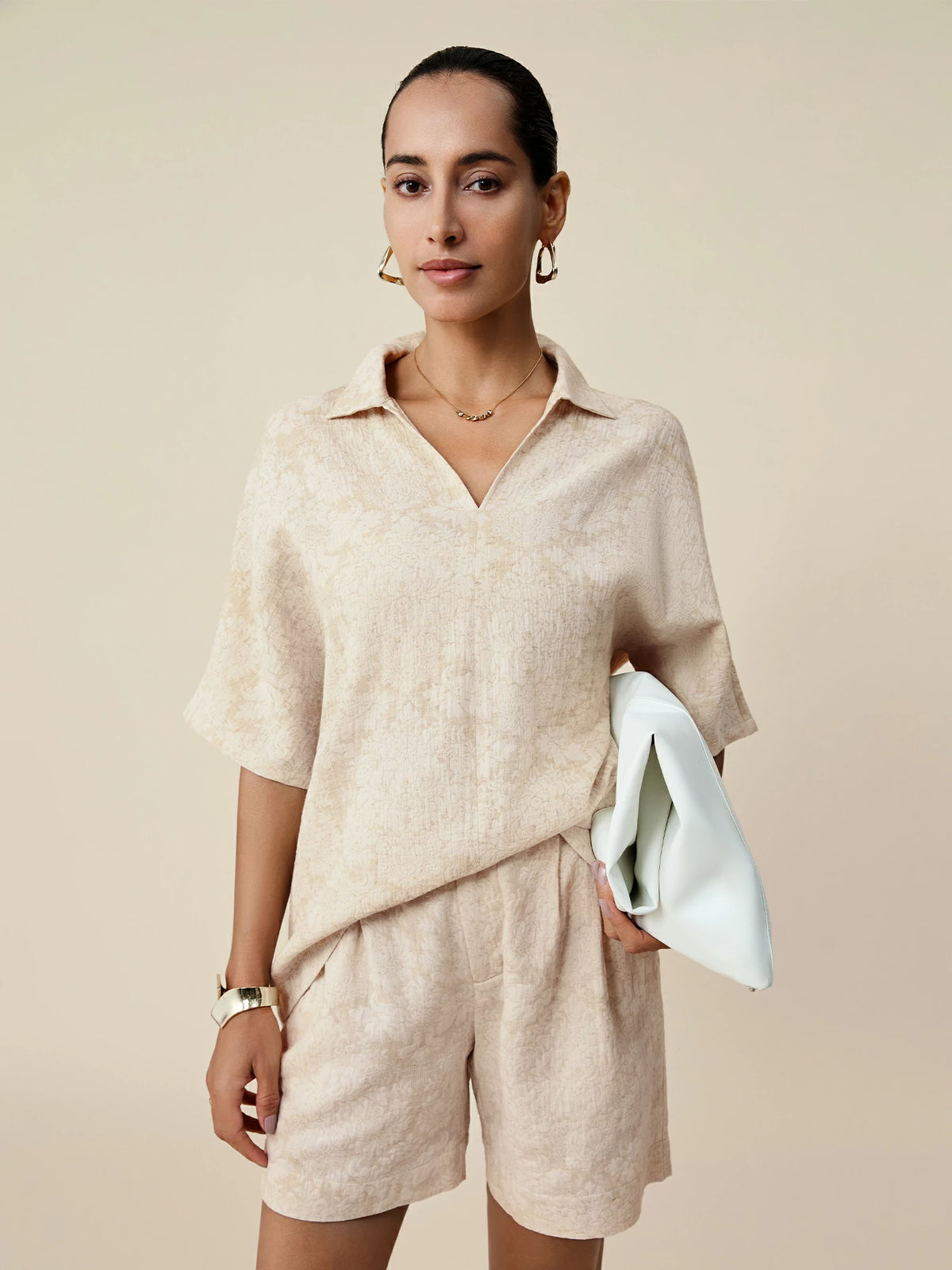 Amoretu Cotton & Linen Lapel Short Sleeve Jacquard Top