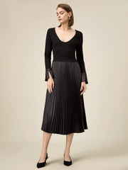 Amoretu Round Neck Paneled Satin Pleated Dress