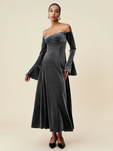 Amoretu Velvet Rhinestone Long Sleeve Off-Shoulder Dress