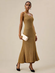 Amoretu V-Neck Halter Metallic Maxi Dress