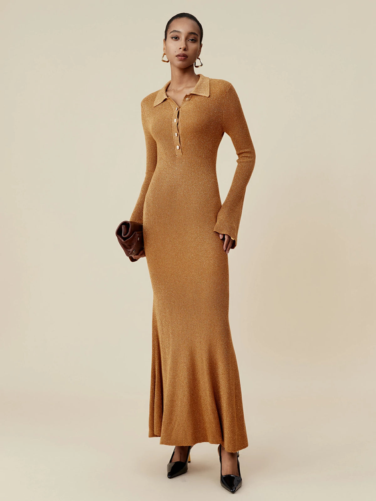 Amoretu Lapel Long Sleeve Fish Tail Gold Yarn Dress