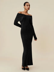 Amoretu Wool Off-Shoulder Long Sleeve Rhinestone Embellished Dress