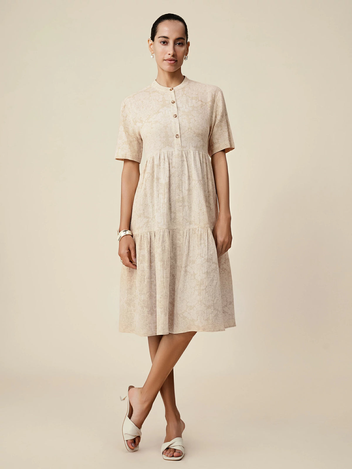 Amoretu Cotton & Linen Stand Collar Short Sleeve Loose Ruffle Dress