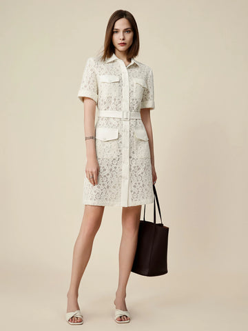 Amoretu 70% Cotton Lapel Short Sleeve Lace Pocket Dress