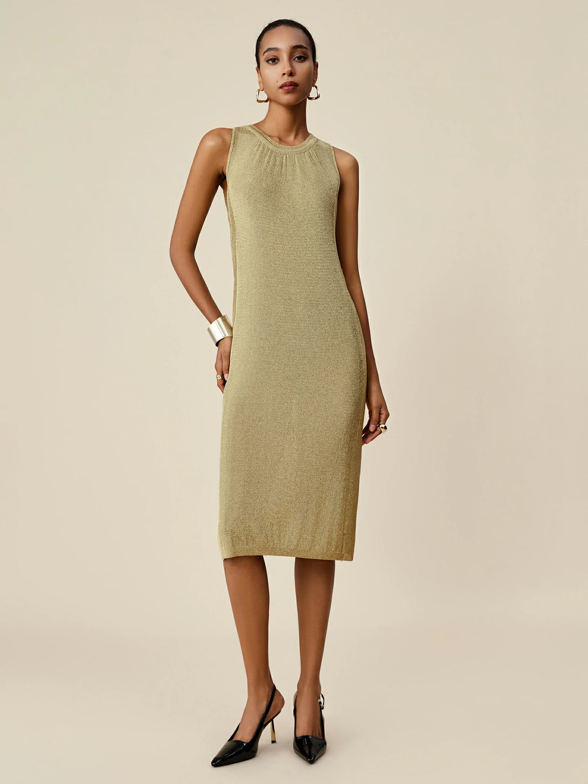 Amoretu Metallic Yarn Round Neck Sleeveless Knitted Dress