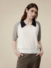 Amoretu 100% Lyocell Polo Collar Color Block Top