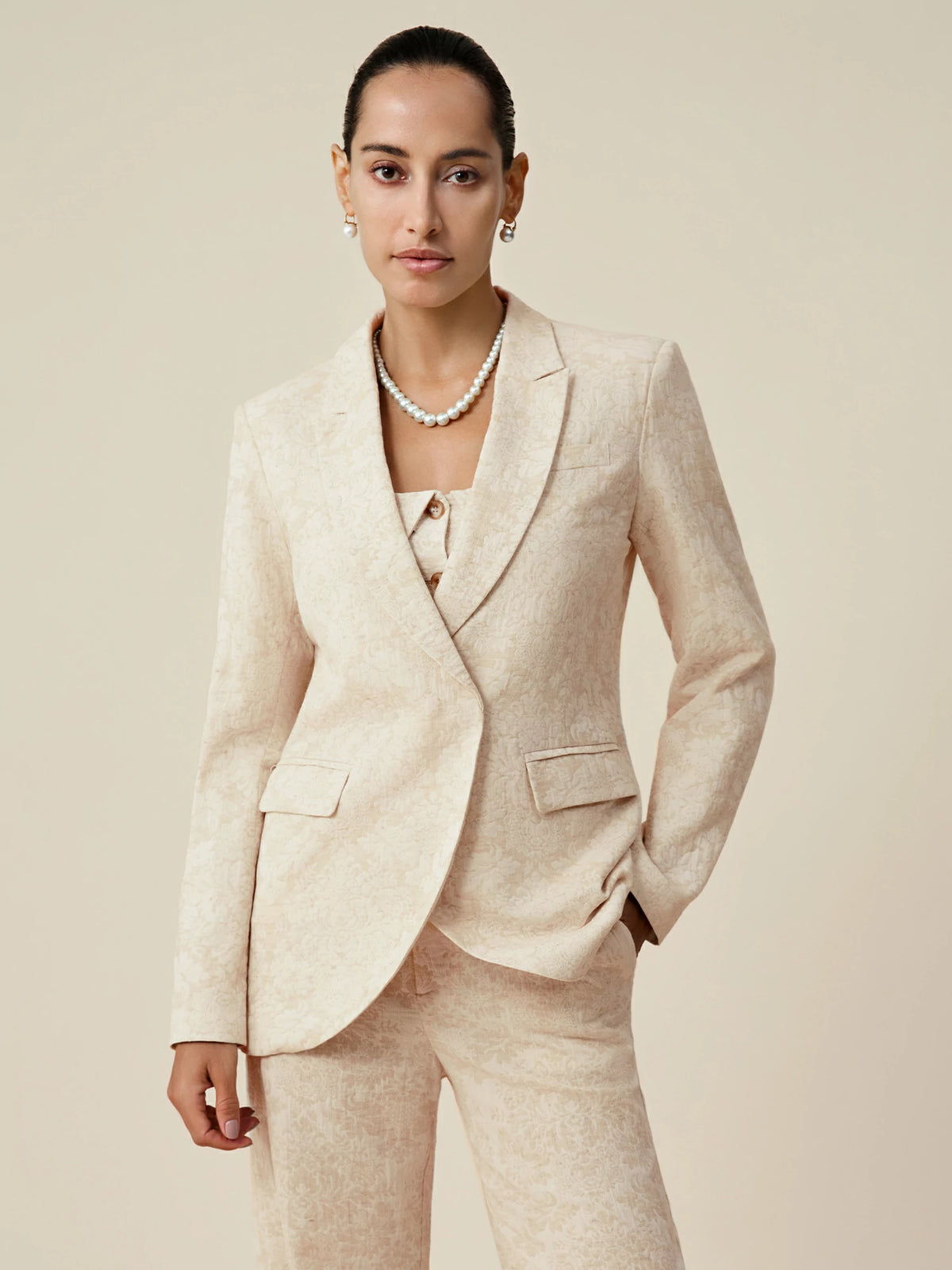 Amoretu Cotton & Linen Long Sleeve Jacquard Blazer