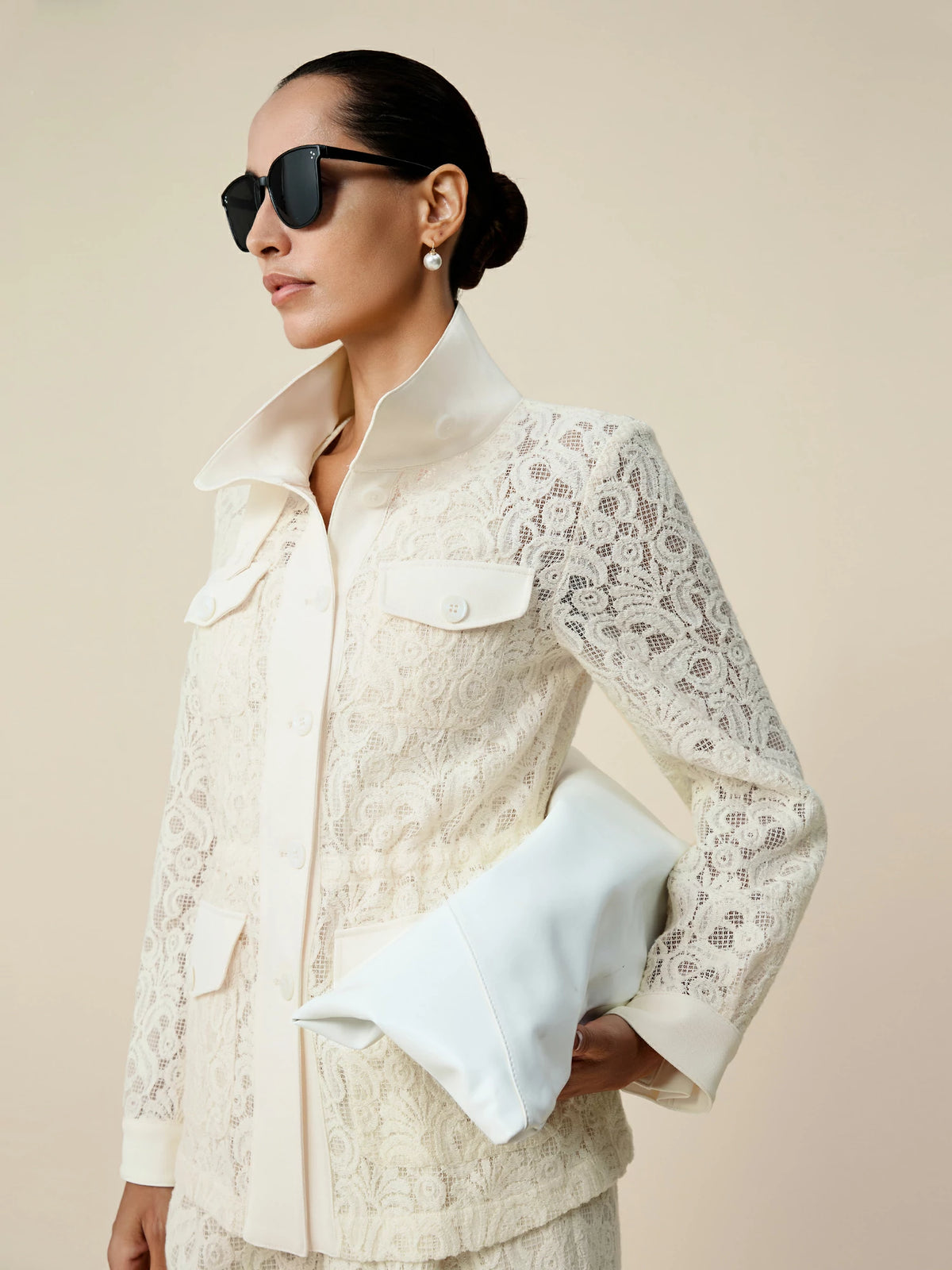 Amoretu 70% Cotton Long Sleeve Embossed Lace Shirt Jacket