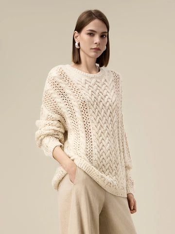 Amoretu Women's Cable Knitted Gold Bean Yarn Hollow Sweater