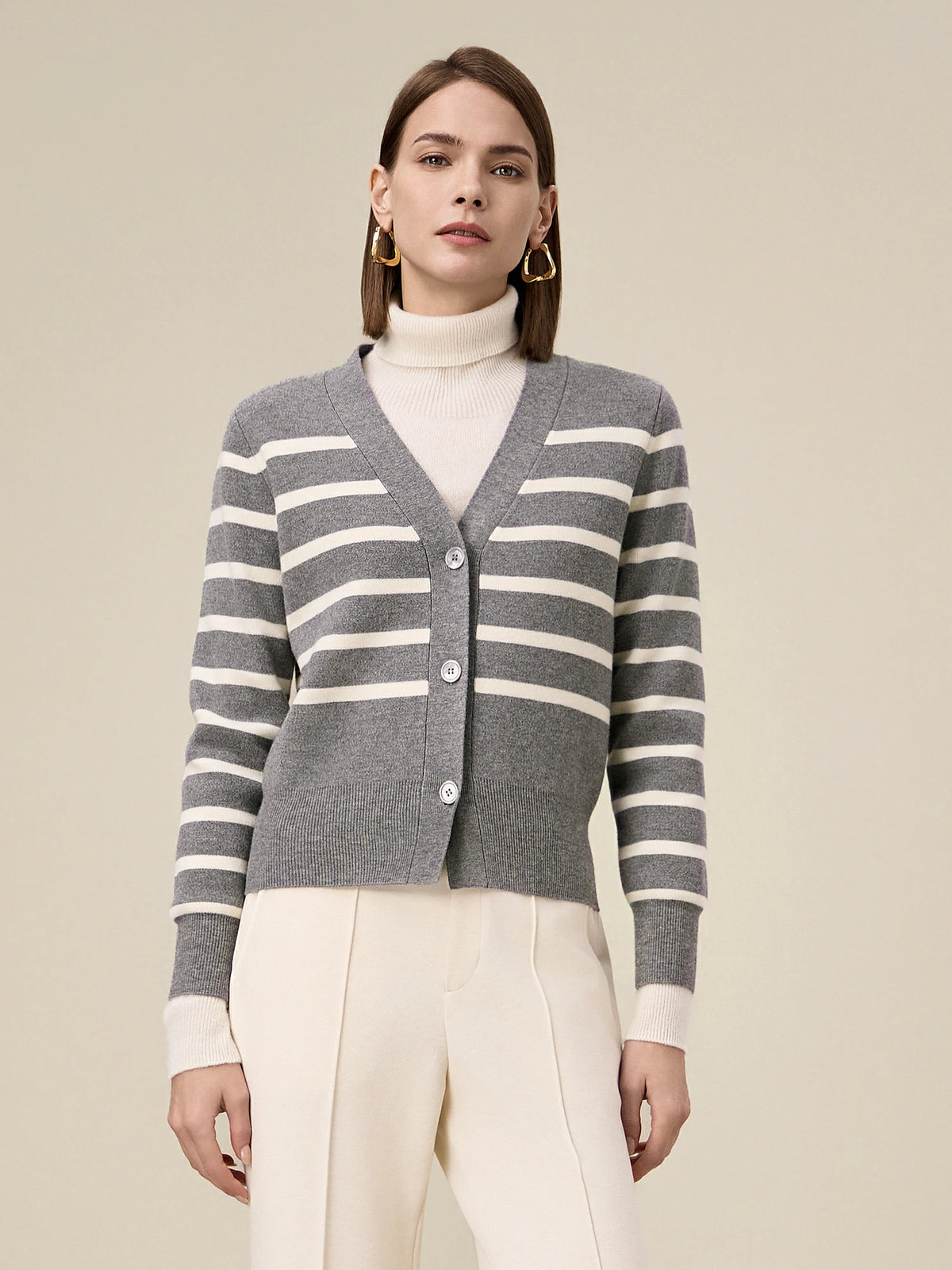 Amoretu Women's 100% Wool Striped Knitted Cardigan