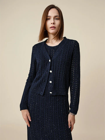 Amoretu Lyocell & Linen Openwork Sequin Knitted Cardigan