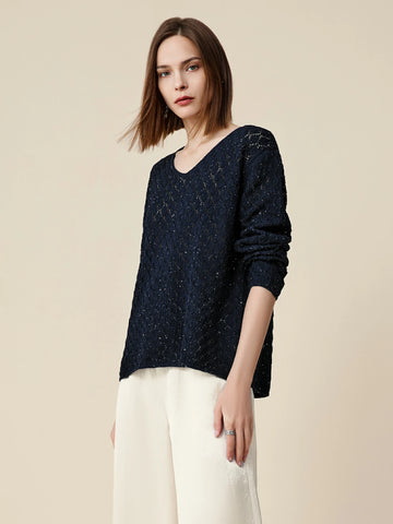 Amoretu Lyocell & Linen Openwork Sequin Knitted Top