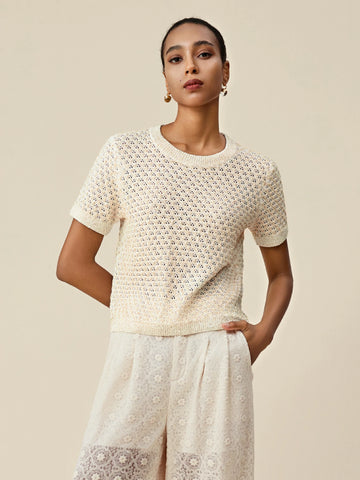 Amoretu Mulberry Silk Openwork Sequin Knitted T-Shirt