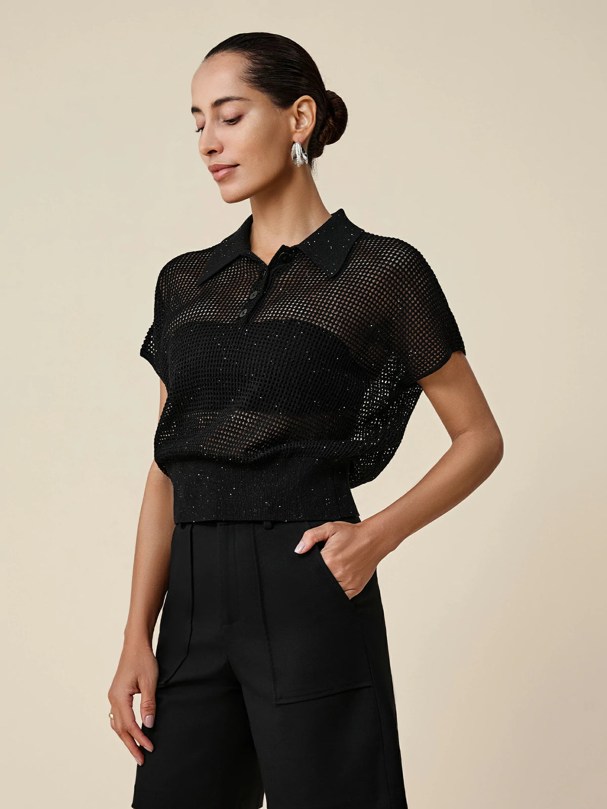 Amoretu Lyocell & Linen Polo Neck Sequin Openwork Shirt