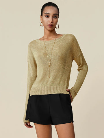 Amoretu Gold Silver Yarn Round Neck Long Sleeve Knit Top