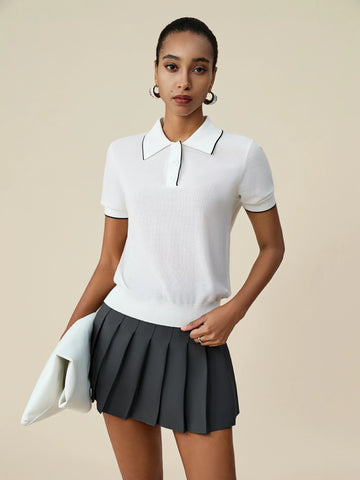 Amoretu Cotton & Linen Polo Collar Short Sleeve Contrast Top