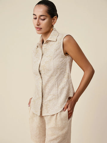 Amoretu Cotton & Linen Lapel Sleeveless Jacquard Shirt