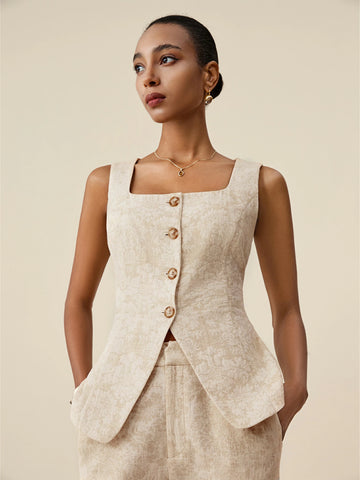 Amoretu Cotton & Linen Square Collar Jacquard Vest