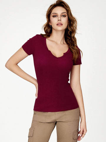 Amoretu Notch V Scoop Neck Ribbed Tight-Fit Short Sleeves Top